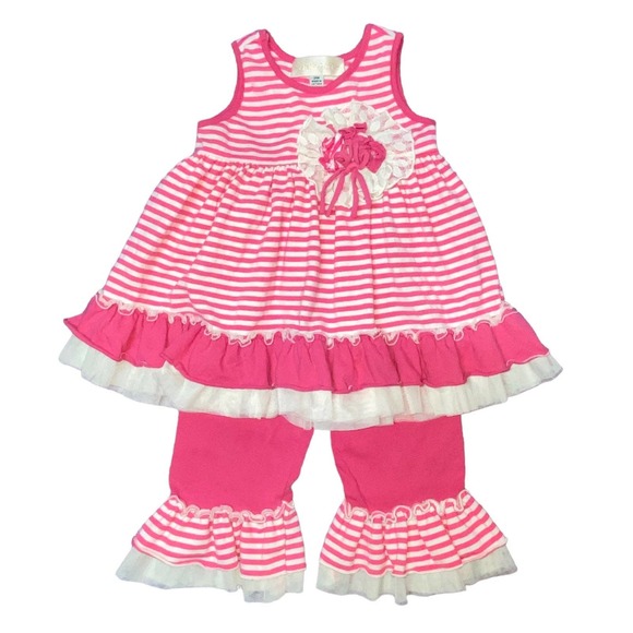 Isobella & Chloe Other - 24m Isobella & Chloe Pink Cream Striped Ruffle Tunic Top Pants Outfit Set